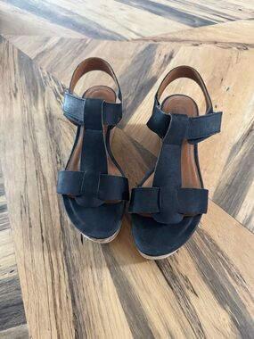 Coclico Black T-Strap Wedge Sandals